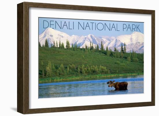 Denali National Park, Alaska - Moose and Water-Lantern Press-Framed Art Print