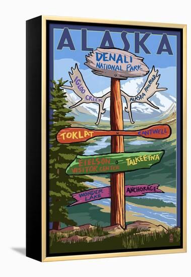 Denali National Park, Alaska - Sign Destinations-Lantern Press-Framed Stretched Canvas