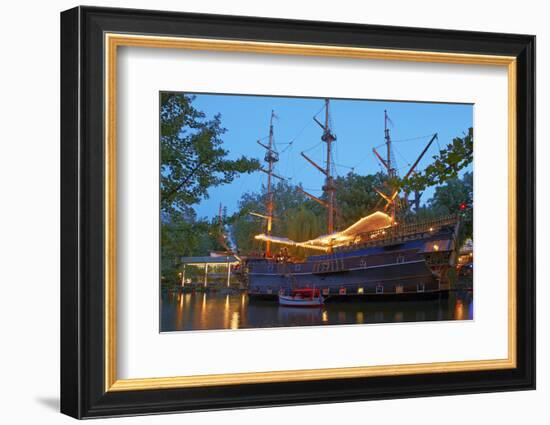 Denmark, Copenhagen, Amusement Park Tivoli, Sailing Ship, Historical, Replica, Illuminated, Evening-Chris Seba-Framed Photographic Print