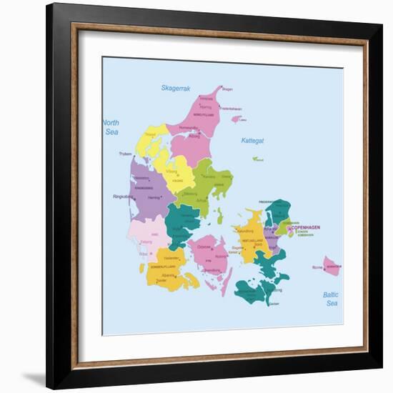 Denmark-Highly Detailed Map-ekler-Framed Art Print