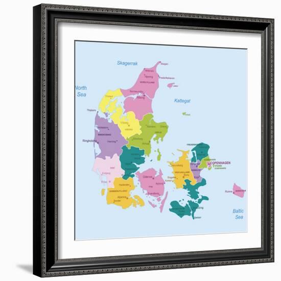 Denmark-Highly Detailed Map-ekler-Framed Art Print
