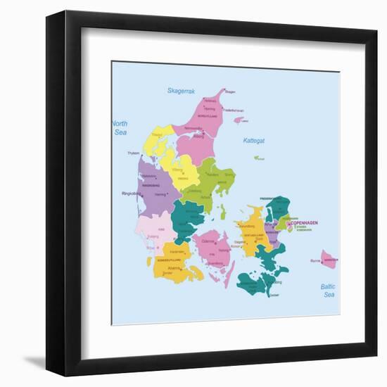 Denmark-Highly Detailed Map-ekler-Framed Art Print