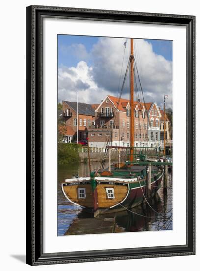 Denmark, Jutland, Ribe, Town View with the Johanne Dan, Flat-Bottomed Sailing Ship-Walter Bibikow-Framed Photographic Print