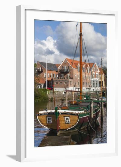 Denmark, Jutland, Ribe, Town View with the Johanne Dan, Flat-Bottomed Sailing Ship-Walter Bibikow-Framed Photographic Print