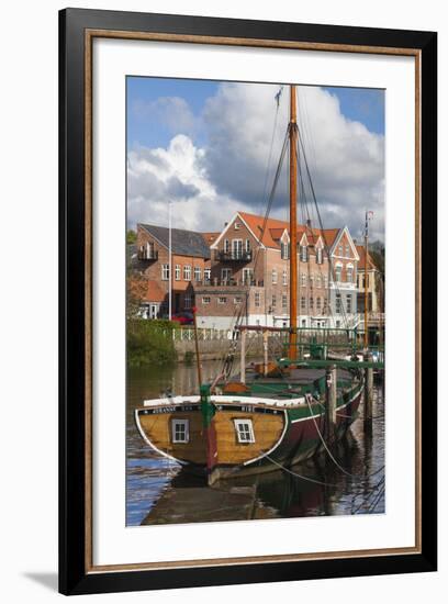 Denmark, Jutland, Ribe, Town View with the Johanne Dan, Flat-Bottomed Sailing Ship-Walter Bibikow-Framed Photographic Print