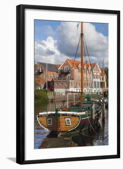 Denmark, Jutland, Ribe, Town View with the Johanne Dan, Flat-Bottomed Sailing Ship-Walter Bibikow-Framed Photographic Print