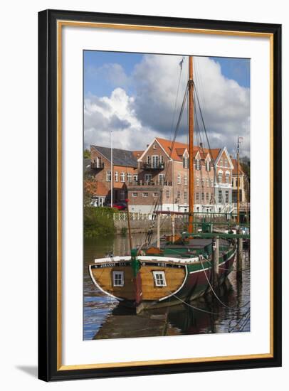 Denmark, Jutland, Ribe, Town View with the Johanne Dan, Flat-Bottomed Sailing Ship-Walter Bibikow-Framed Photographic Print