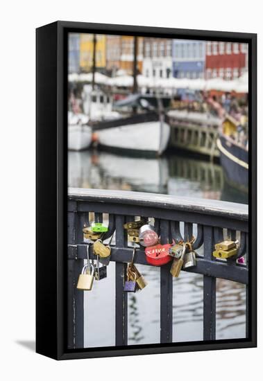 Denmark, Zealand, Copenhagen, Nyhavn Harbor, Love Locks-Walter Bibikow-Framed Premier Image Canvas