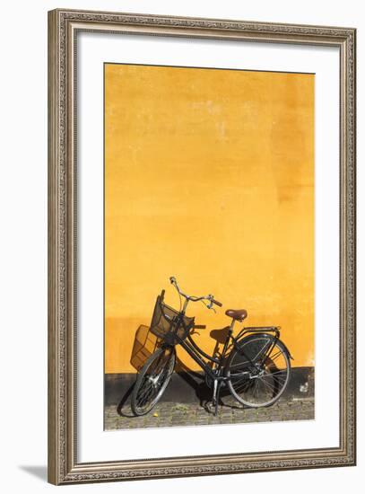 Denmark, Zealand, Copenhagen, Yellow Building Detail with Bicycle-Walter Bibikow-Framed Photographic Print