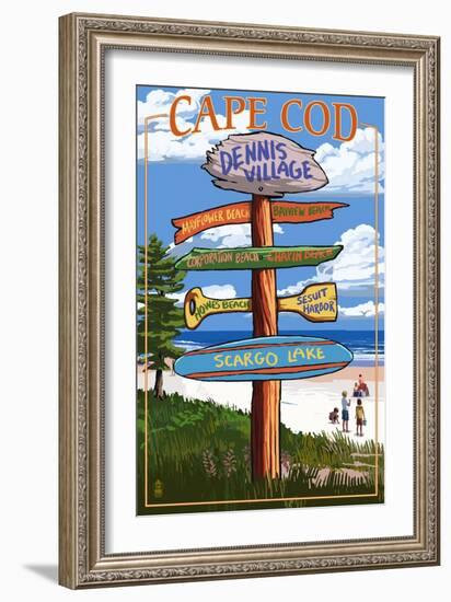 Dennis Village, Cape Cod, Massachusetts - Sign Destinations-Lantern Press-Framed Art Print