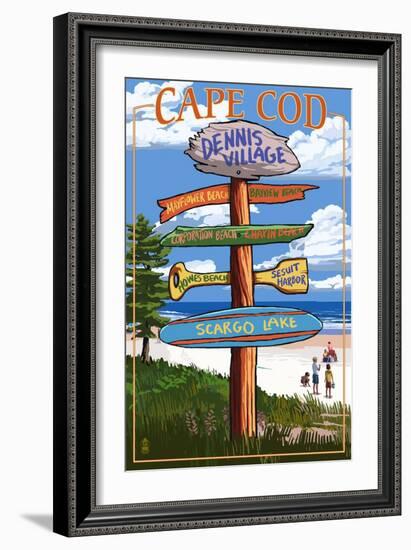 Dennis Village, Cape Cod, Massachusetts - Sign Destinations-Lantern Press-Framed Art Print