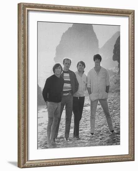 Dennis Wilson, Mike Love, Carl Wilson and Brian Wilson of the Beach Boys, Posing on Beach-Bill Ray-Framed Premium Photographic Print