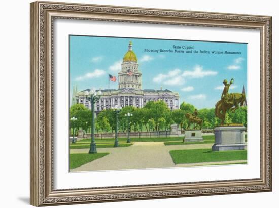 Denver, CO, State Capitol and Grounds, Bronco Buster and Indian Warrior Monuments View-Lantern Press-Framed Art Print