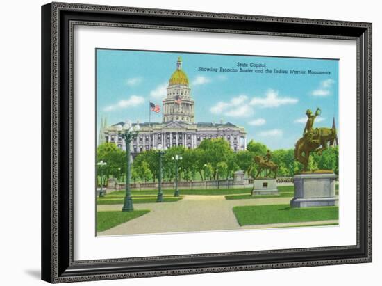 Denver, CO, State Capitol and Grounds, Bronco Buster and Indian Warrior Monuments View-Lantern Press-Framed Art Print