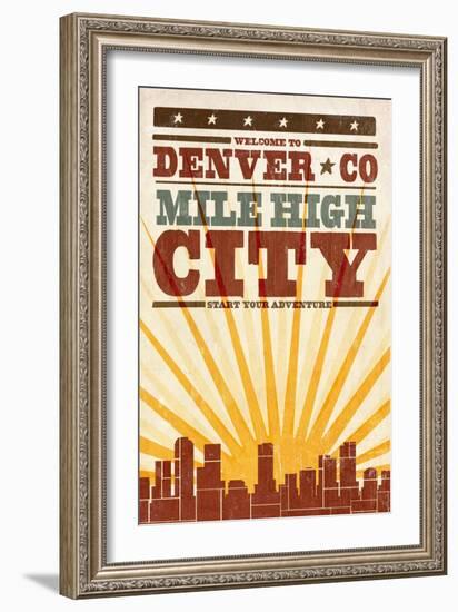 Denver, Colorado - Skyline and Sunburst Screenprint Style-Lantern Press-Framed Art Print