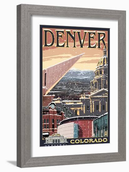 Denver, Colorado - Skyline View in Snow-Lantern Press-Framed Art Print