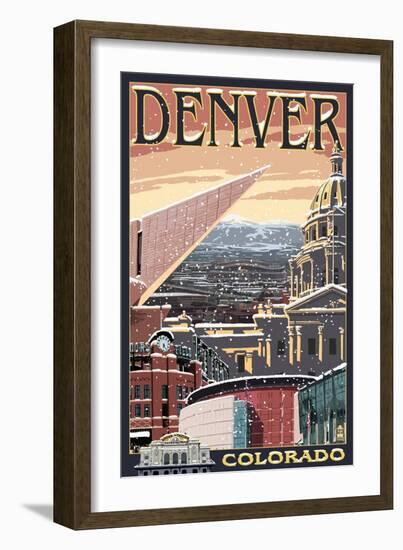 Denver, Colorado - Skyline View in Snow-Lantern Press-Framed Art Print