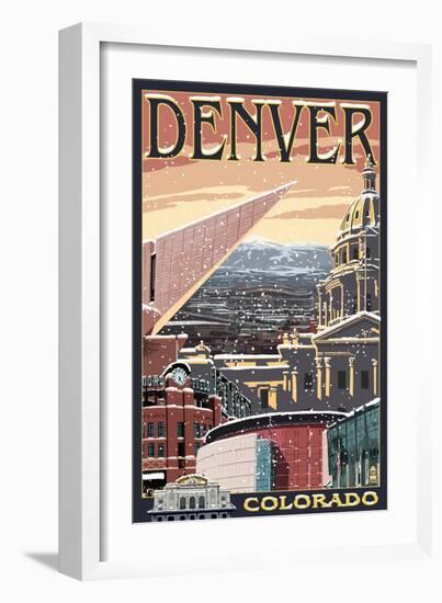 Denver, Colorado - Skyline View in Snow-Lantern Press-Framed Art Print