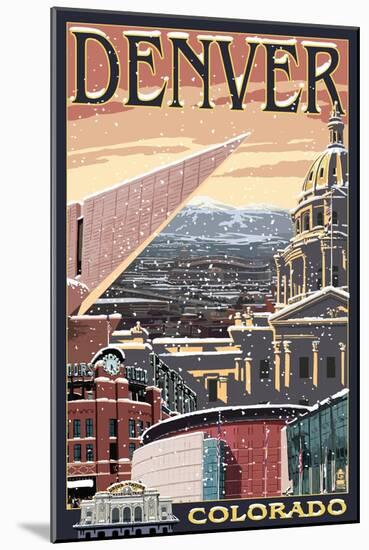 Denver, Colorado - Skyline View in Snow-Lantern Press-Mounted Art Print