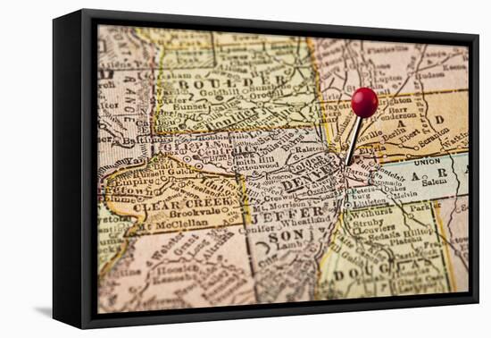 Denver on Vintage 1920S Map of Colorado with a Red Pushpin, Selective Focus (Printed in 1926 - Copy-PixelsAway-Framed Premier Image Canvas