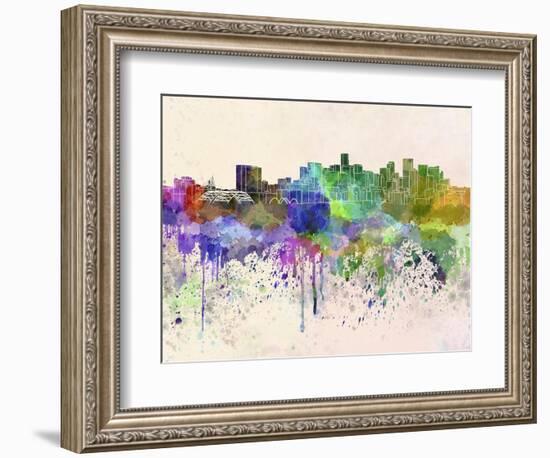 Denver Skyline in Watercolor Background-paulrommer-Framed Art Print