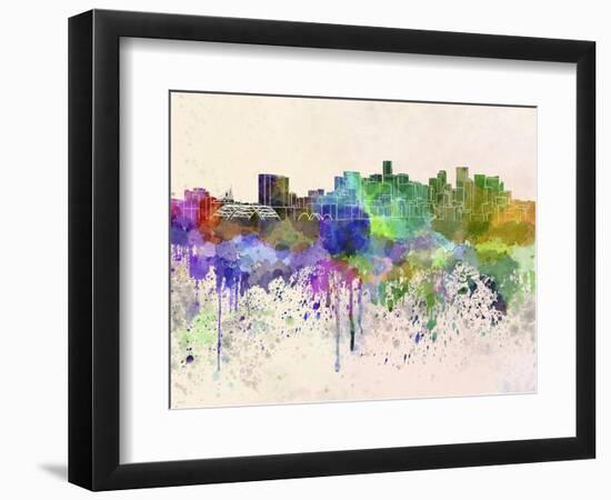 Denver Skyline in Watercolor Background-paulrommer-Framed Art Print