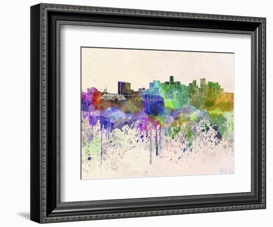 Denver Skyline in Watercolor Background-paulrommer-Framed Art Print