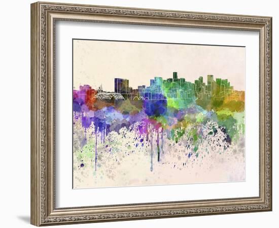 Denver Skyline in Watercolor Background-paulrommer-Framed Art Print