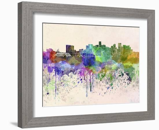 Denver Skyline in Watercolor Background-paulrommer-Framed Art Print