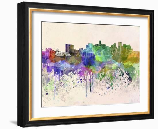 Denver Skyline in Watercolor Background-paulrommer-Framed Art Print