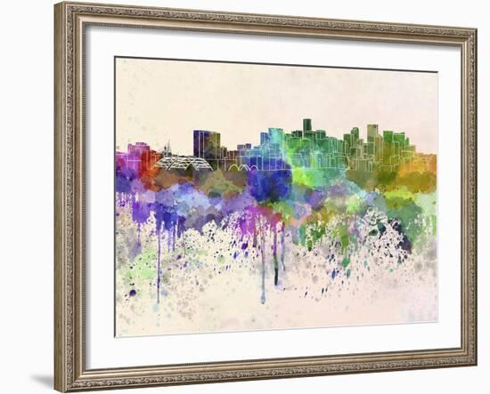 Denver Skyline in Watercolor Background-paulrommer-Framed Art Print