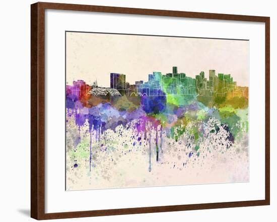 Denver Skyline in Watercolor Background-paulrommer-Framed Art Print