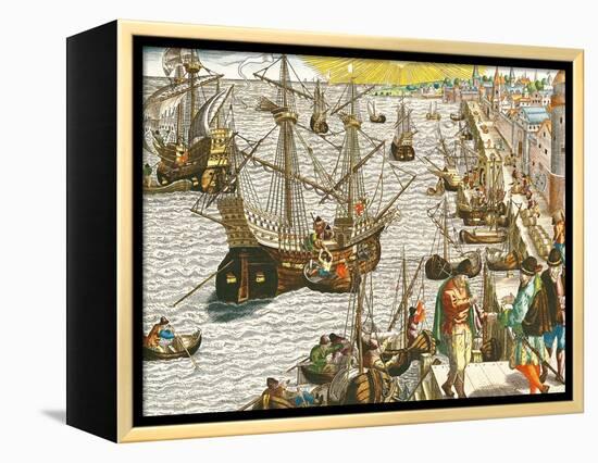Departure from Lisbon for Brazil, the East Indies and America,From "Americae Tertia Pars..."-Theodor de Bry-Framed Premier Image Canvas