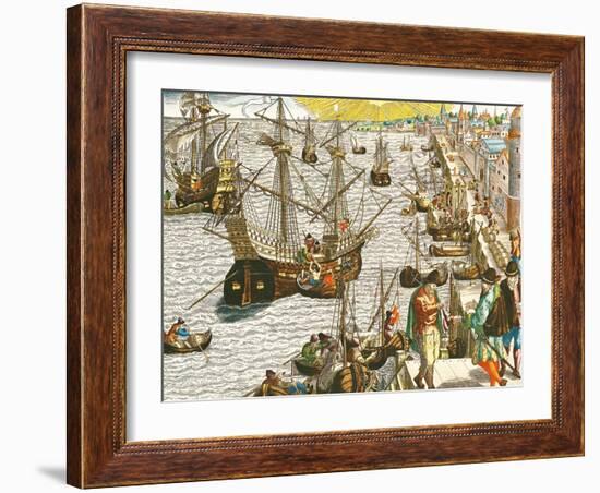 Departure from Lisbon for Brazil, the East Indies and America,From "Americae Tertia Pars..."-Theodor de Bry-Framed Giclee Print