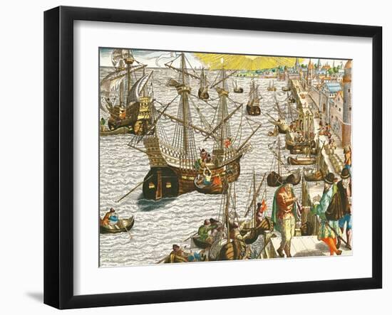Departure from Lisbon for Brazil, the East Indies and America,From "Americae Tertia Pars..."-Theodor de Bry-Framed Giclee Print