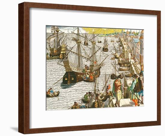 Departure from Lisbon for Brazil, the East Indies and America,From "Americae Tertia Pars..."-Theodor de Bry-Framed Giclee Print