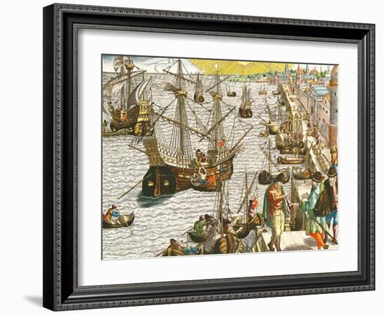 Departure from Lisbon for Brazil, the East Indies and America,From "Americae Tertia Pars..."-Theodor de Bry-Framed Giclee Print