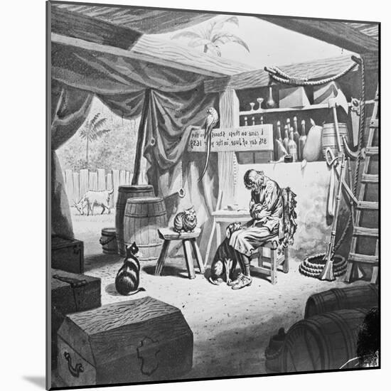 Depiction of Robinson Crusoe Alone with Animals in Makeshift Dwelling-null-Mounted Giclee Print