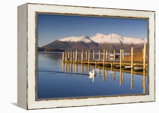 Derwent Water and snow capped Skiddaw from Lodor Hotel Jetty, Borrowdale, Lake District National Pa-John Potter-Framed Premier Image Canvas