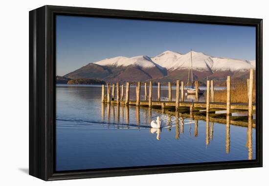 Derwent Water and snow capped Skiddaw from Lodor Hotel Jetty, Borrowdale, Lake District National Pa-John Potter-Framed Premier Image Canvas