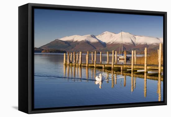 Derwent Water and snow capped Skiddaw from Lodor Hotel Jetty, Borrowdale, Lake District National Pa-John Potter-Framed Premier Image Canvas