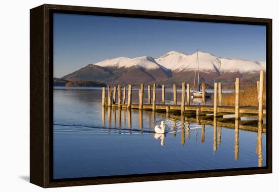 Derwent Water and snow capped Skiddaw from Lodor Hotel Jetty, Borrowdale, Lake District National Pa-John Potter-Framed Premier Image Canvas