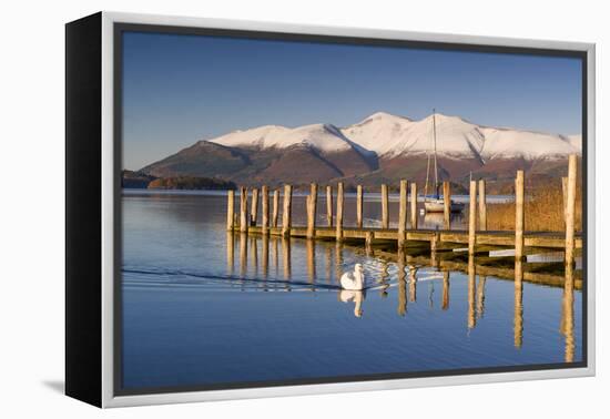 Derwent Water and snow capped Skiddaw from Lodor Hotel Jetty, Borrowdale, Lake District National Pa-John Potter-Framed Premier Image Canvas