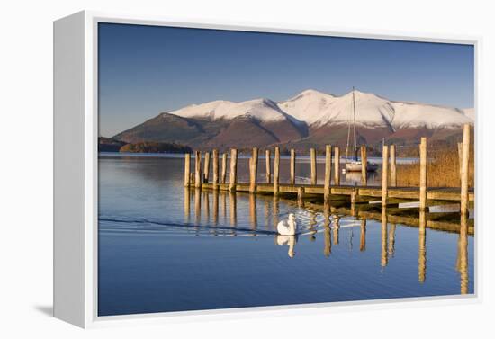 Derwent Water and snow capped Skiddaw from Lodor Hotel Jetty, Borrowdale, Lake District National Pa-John Potter-Framed Premier Image Canvas