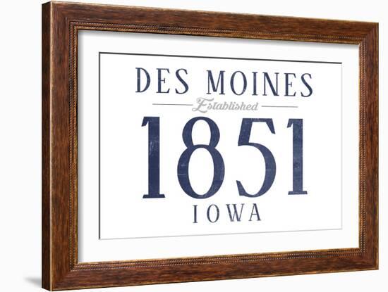 Des Moines, Iowa - Established Date (Blue)-Lantern Press-Framed Art Print