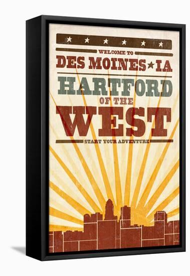 Des Moines, Iowa - Skyline and Sunburst Screenprint Style-Lantern Press-Framed Stretched Canvas