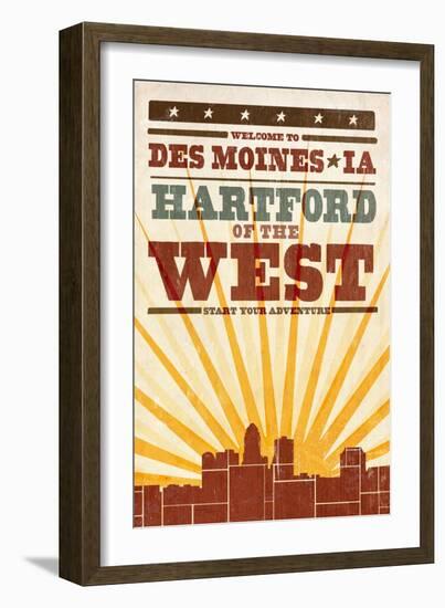 Des Moines, Iowa - Skyline and Sunburst Screenprint Style-Lantern Press-Framed Art Print