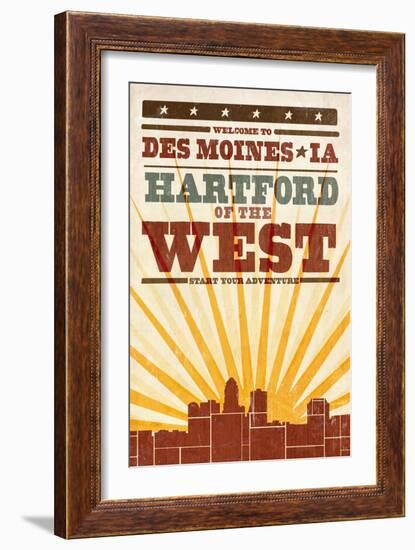 Des Moines, Iowa - Skyline and Sunburst Screenprint Style-Lantern Press-Framed Art Print