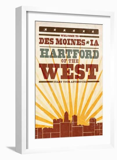 Des Moines, Iowa - Skyline and Sunburst Screenprint Style-Lantern Press-Framed Art Print
