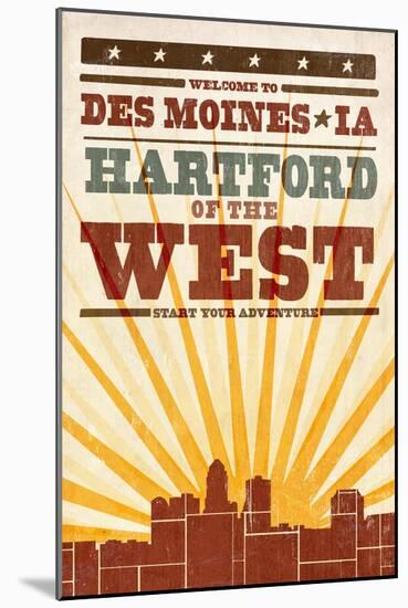 Des Moines, Iowa - Skyline and Sunburst Screenprint Style-Lantern Press-Mounted Art Print